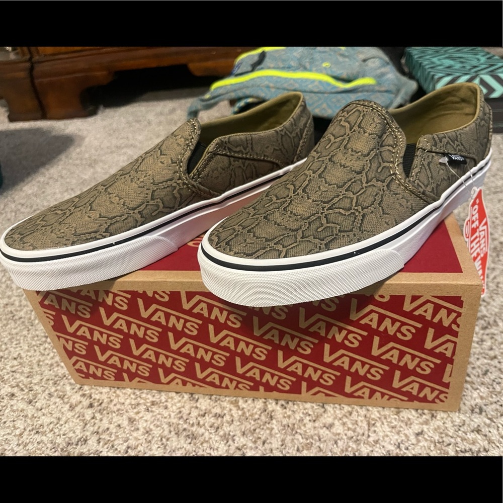Snake/army green slip on Vans